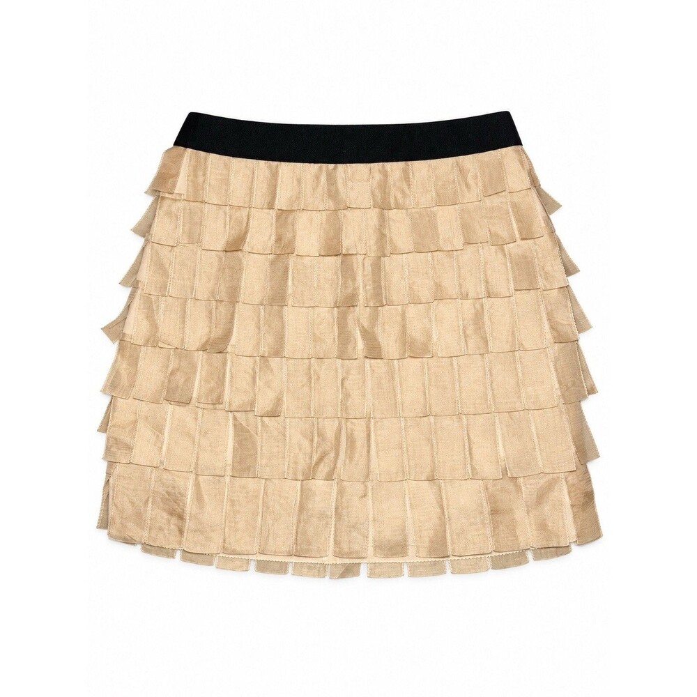 J.Crew Collection Silk Fringe Mini Skirt Champagne Beige Black Waistband Size 2